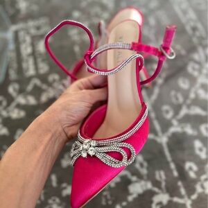 Women's Pink Satin Pointed-Toe Rhinestone Accent Ankle-Strap Flat